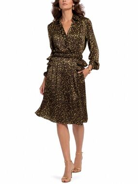 Bob Mackie Boutique Olive Leopard Print Faux Wrap Shirt Dress Vintage Size S